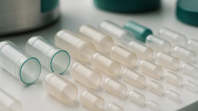 Array of capsule shells in multiple sizes and colors prepared for production matching