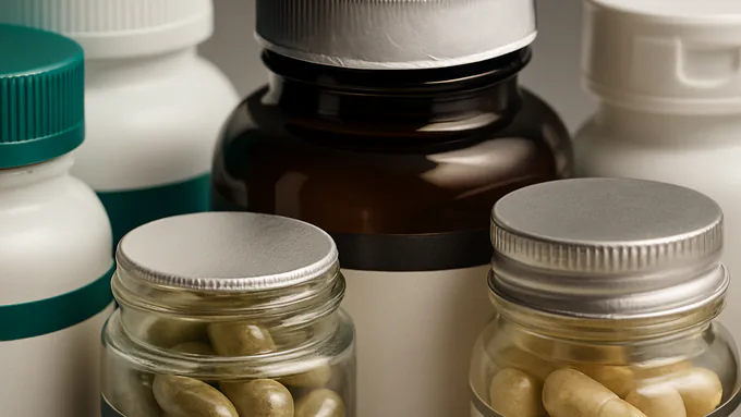 Assorted HDPE, PET, and glass supplement bottles and jars with various cap styles and safety seals