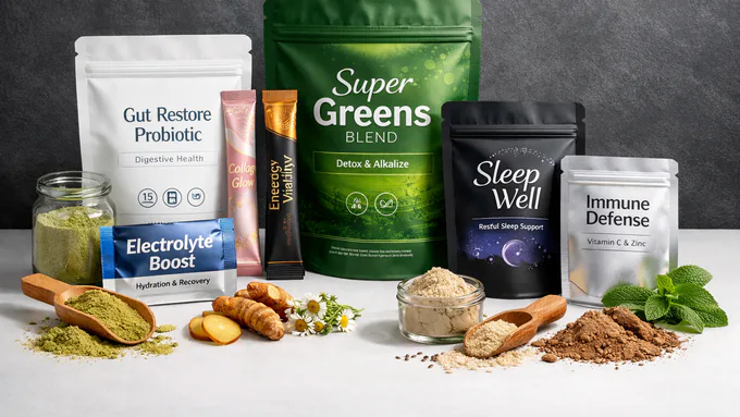 Assortment of dietary supplement sachets, stick packs, and resealable pouches displayed with retail-ready printing and finishes