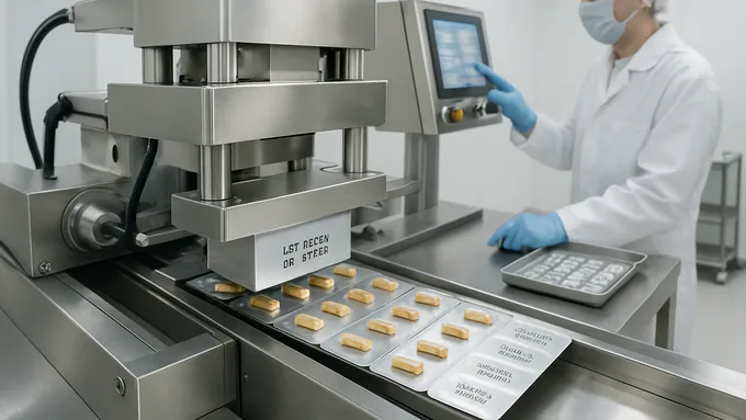 Automated blister pack sealing line applying foil lids and printing lot codes