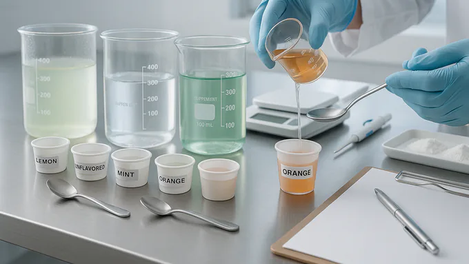 Beakers with flavor variations and labeled samples prepared for taste and solubility evaluation