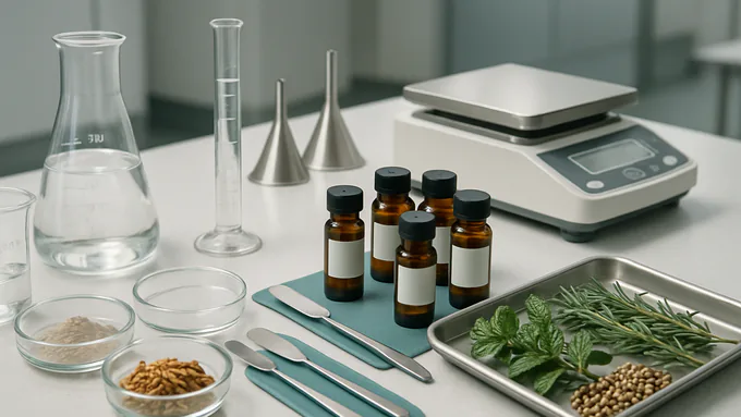 Clean supplement R&D bench with glassware and stainless equipment in a GMP facility