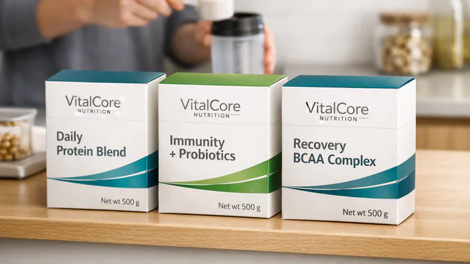 Close-up of premium supplement retail cartons with matte and glossy finishes neatly arranged for shelf display