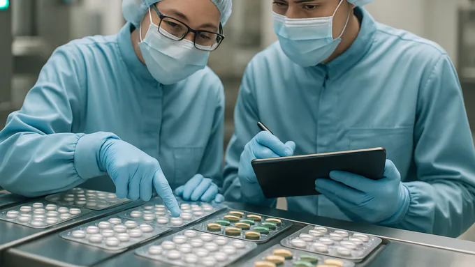 Close-up of supplement blister packs with tablets and capsules aligned in sterile cleanroom packaging line