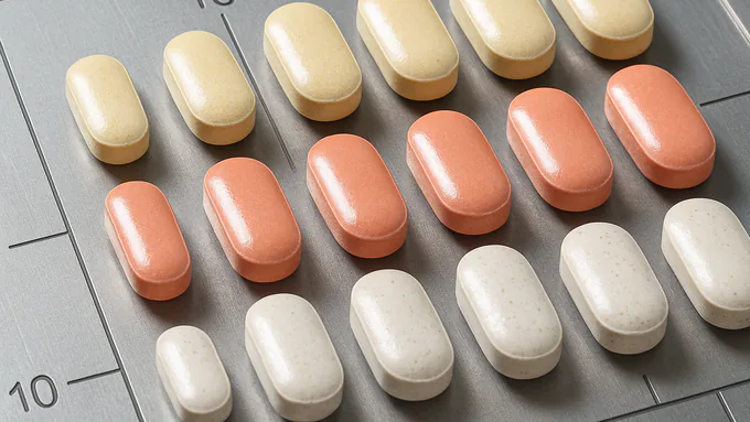 Coated tablets arranged by color and size for packaging verification