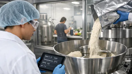 Confident, modern supplement manufacturing facility interior with clean stainless equipment and team members in PPE reviewing production status on a tablet