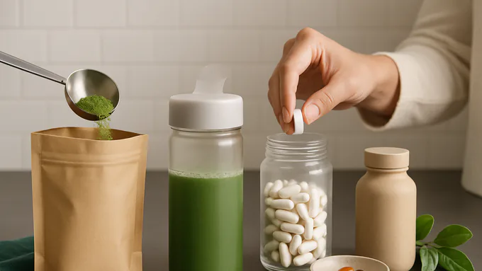 Eco-friendly supplement packaging including a kraft pouch with green powder, a frosted glass jar with capsules, and a biodegradable bottle with softgels surrounded by green leaves