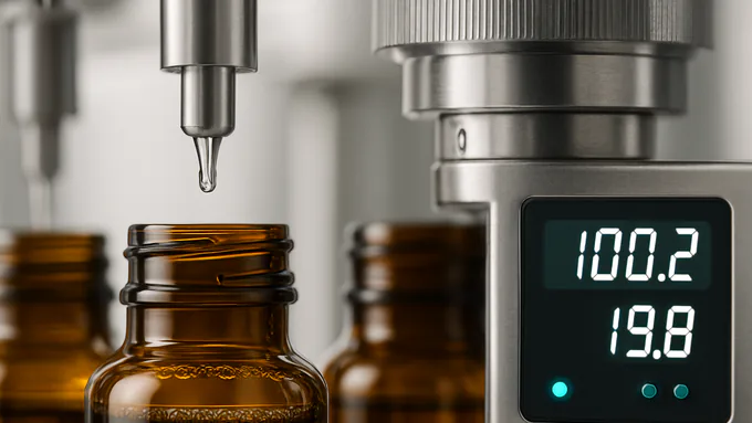 Filling line with amber bottles, verified fill volumes and torque readings for liquid supplements