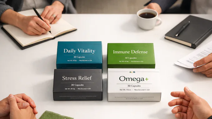 Flatlay of supplement retail cartons with foil stamping and soft-touch matte finishes in clean white background