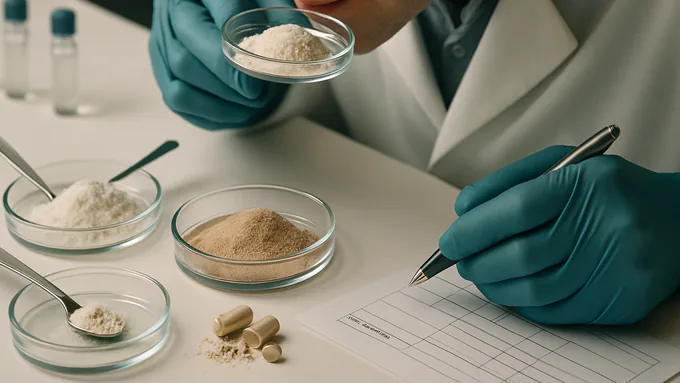 Flavor scientist comparing powder aroma samples arranged on a bench with evaluation forms