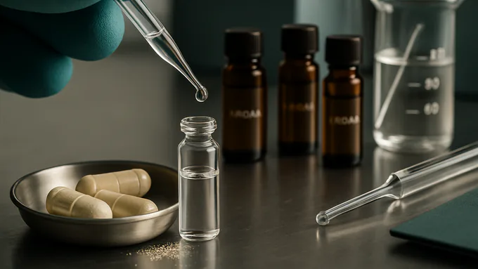 Flavor scientist reviewing supplement prototypes with beakers, droppers, and aroma vials on a stainless lab bench