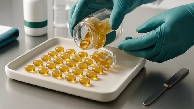 Glossy softgels with consistent color and shape arranged for visual inspection