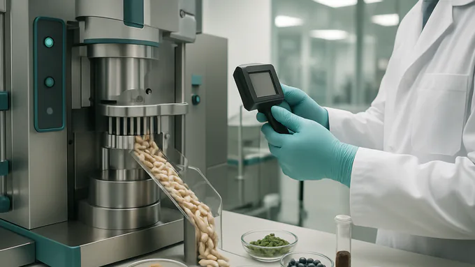 High-speed capsule filling line with in-process checks on an automated encapsulation machine