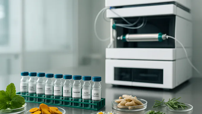 HPLC workstation with labeled ingredient sample vials arranged on a clean stainless lab bench