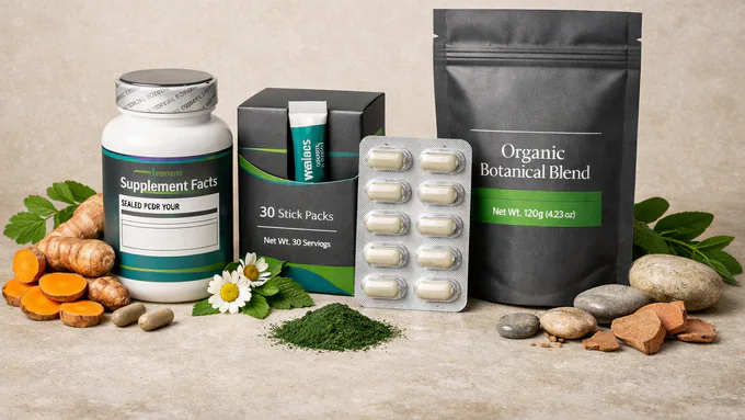 Lineup of supplement packaging: HDPE bottle with induction seal and neckband, stick pack carton, blister card, and matte pouch on neutral backdrop