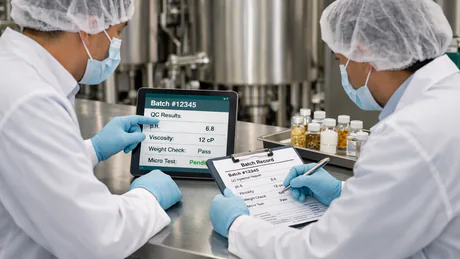 Modern supplement manufacturing quality control environment with technicians in PPE reviewing batch data and stainless steel equipment