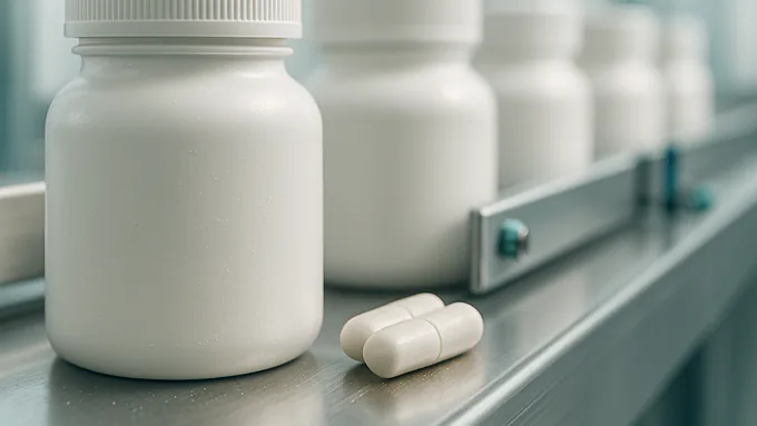 Modern supplement packaging line with white bottles moving along a stainless steel conveyor in a clean FDA-compliant facility.