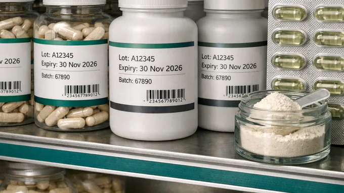 Neatly shelved supplement inventory with visible lot and expiry labels for rapid FEFO selection