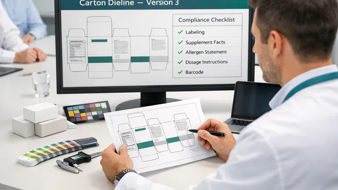 Packaging engineer reviewing supplement carton dielines and compliance checklist on a calibrated monitor