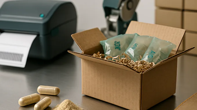 Packing station with void fill, case sealer, and thermal printer generating shipping labels for DTC and retail orders