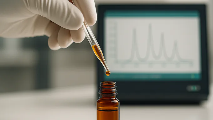 Pipette dispensing natural flavor into an amber vial with chromatograph display in the background