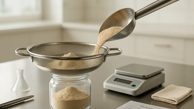 Powder blending and sieving setup with scoop, jar, and batch record on stainless table