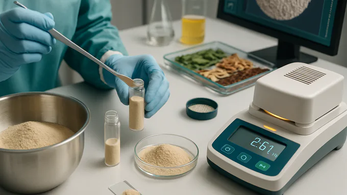 Powder blending verification: sample pulls showing particle uniformity and moisture testing prior to packaging