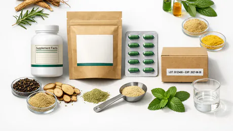 Premium flat lay of supplement packaging formats including a bottle, pouch, blister card, and shipping carton with a lot label under clinical lighting