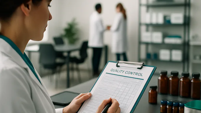 Professional woman in a lab coat reviewing quality control documentation with a clipboard in a supplement manufacturing office