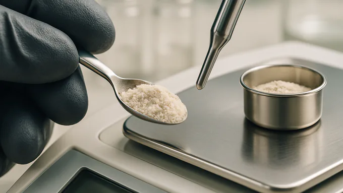 QA reviewing blend uniformity, water activity, and net contents checks for a powder pilot lot