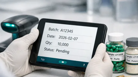 QA specialist reviewing batch documentation at a workstation with a tablet, barcode scanner, and labeled sample containers in a clean lab