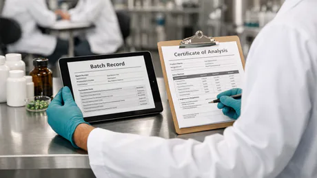 Quality assurance specialist reviewing batch records and COA documentation with a tablet and clipboard on a stainless lab bench