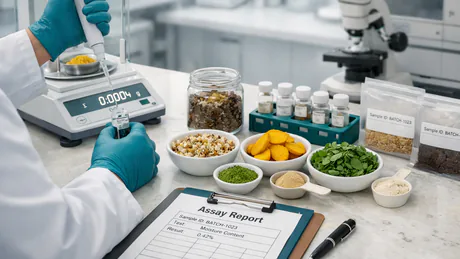 Quality assurance technician performing supplement testing in a controlled laboratory environment with documentation and analytical equipment