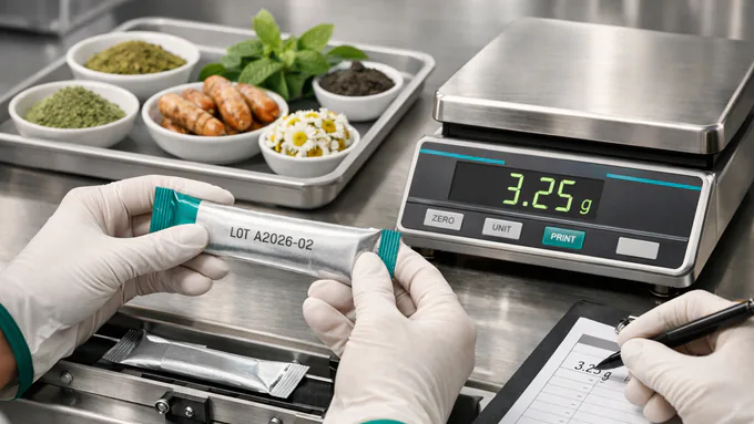 Quality inspection of stick pack seal integrity, lot coding, and fill weight checks on packaging line