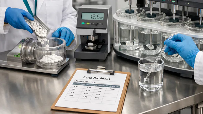 Quality lead reviewing hardness, friability, and dissolution results for a pilot tablet batch