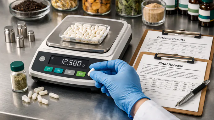 Quality review of capsule weight checks, potency results, and final release paperwork