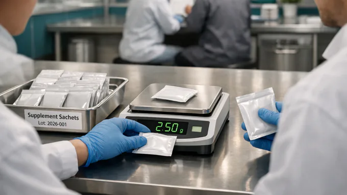 Quality review of sealed sachets with lot coding and weight verification during packaging inspection