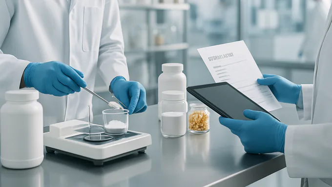 R&D specialist measuring powdered actives and documenting a new supplement formula at a clean lab bench