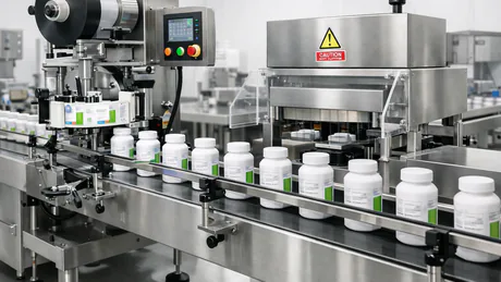 Stainless steel supplement packaging line with conveyor, labeler, and tamper-evident sealing station in a clean, well-lit production room