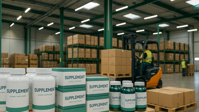 Large warehouse storing dietary supplements with pallets, boxes, and forklift operators moving stock.