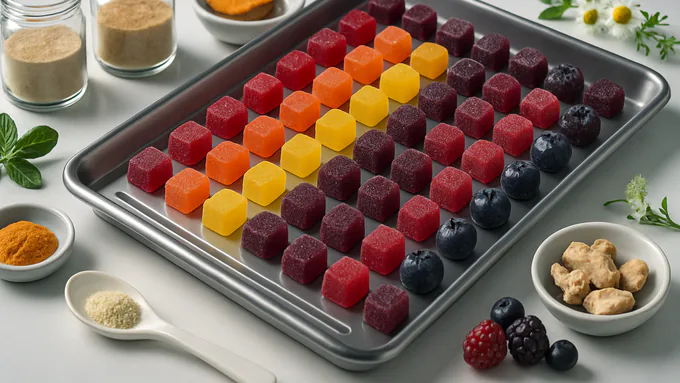 Vibrant fruit-flavored gummies arranged for color and size consistency prior to packaging